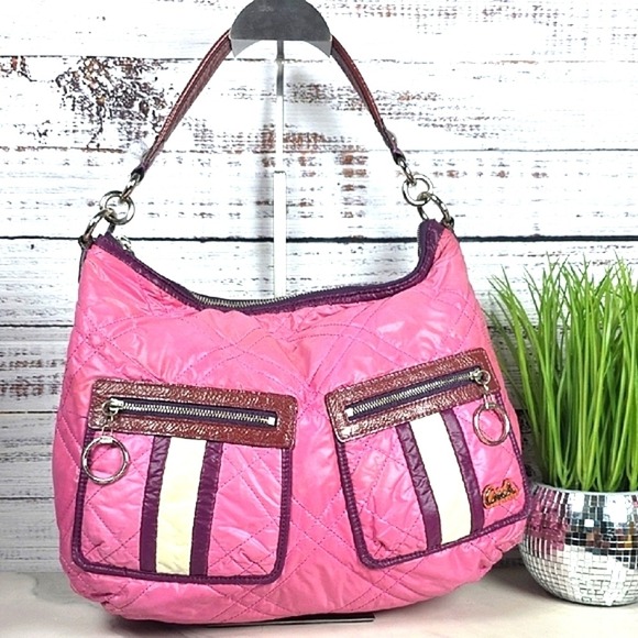 Coach Poppy Ski Bunny Bag Pink Purple Quilted Hobo Puffer Nylon‎ Shoulder Hand